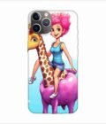 Apple Iphone 11 Pro Max Back Case Covers Cartoon Girl Riding Giraffe With Pink Hair Blue Tank Top Generative Ai