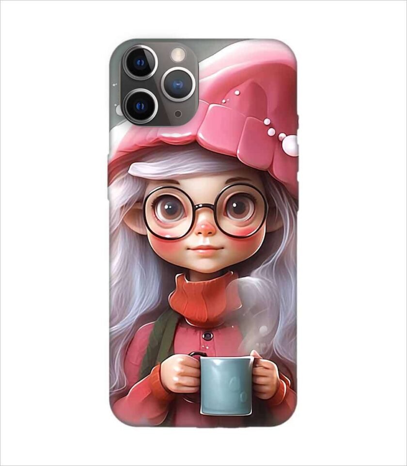 Apple Iphone 11 Pro Max Back Case Covers Cartoon Girl With Glasses Pink Hat Holding Cup Generative Ai