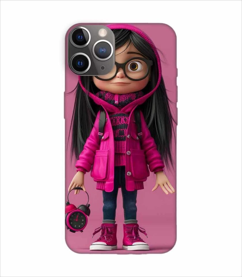 Apple Iphone 11 Pro Back Case Covers Adorable Animated Girl Character Pink Hoodie Glasses Holding Alarm Clock Pink Background