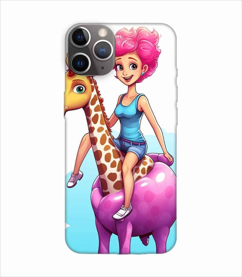 Apple Iphone 11 Pro Back Case Covers Cartoon Girl Riding Giraffe With Pink Hair Blue Tank Top Generative Ai