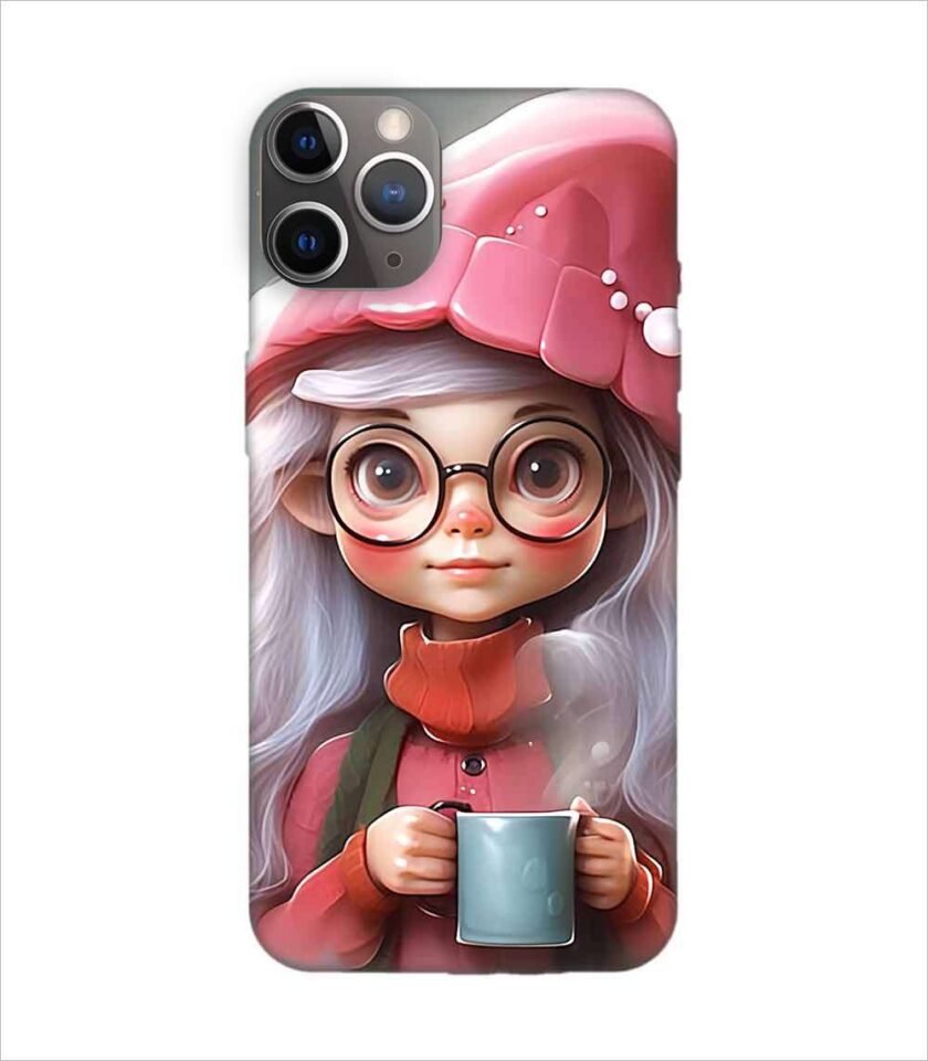 Apple Iphone 11 Pro Back Case Covers Cartoon Girl With Glasses Pink Hat Holding Cup Generative Ai