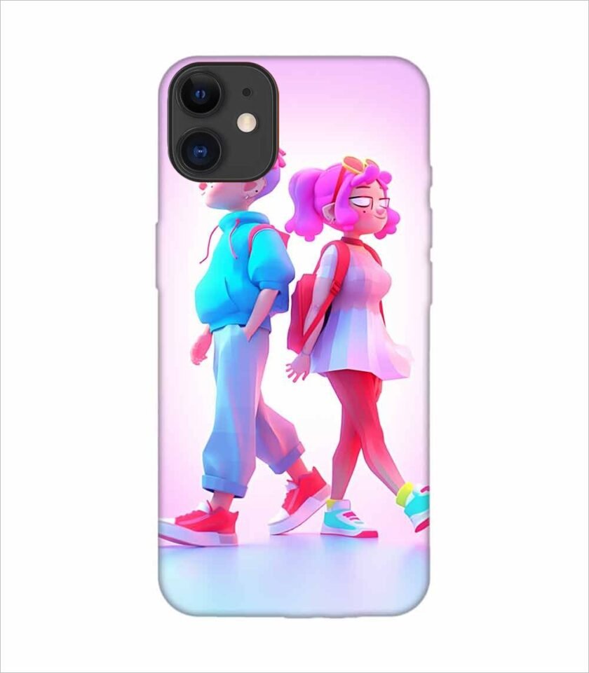 Apple Iphone 11 Back Case Covers Cartoon Characters Walking Pink Background With Blue Background Generative Ai