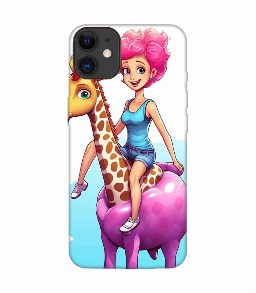 Apple Iphone 11 Back Case Covers Cartoon Girl Riding Giraffe With Pink Hair Blue Tank Top Generative Ai