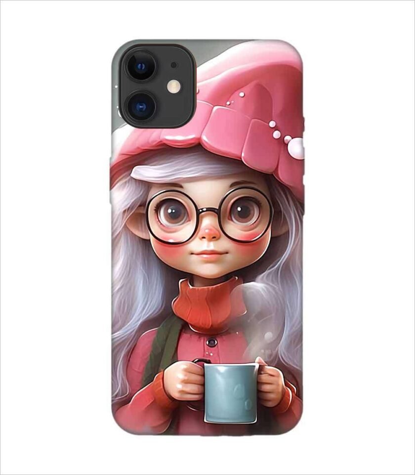 Apple Iphone 11 Back Case Covers Cartoon Girl With Glasses Pink Hat Holding Cup Generative Ai