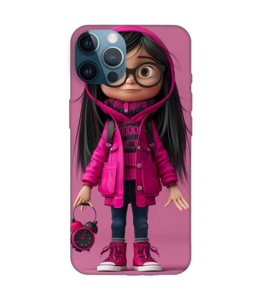 Apple Iphone 12 Mini Back Case Covers Adorable Animated Girl Character Pink Hoodie Glasses Holding Alarm Clock Pink Background