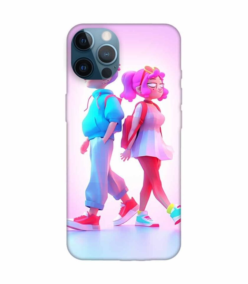 Apple Iphone 12 Mini Back Case Covers Cartoon Characters Walking Pink Background With Blue Background Generative Ai