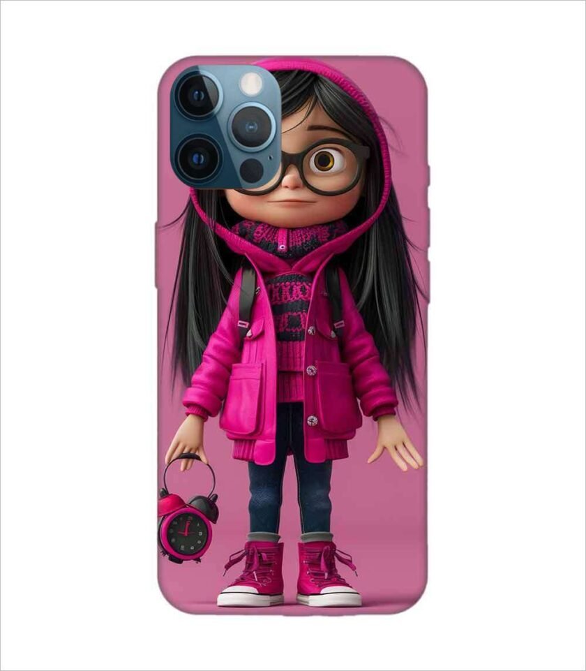 Apple Iphone 12 Pro Max Back Case Covers Adorable Animated Girl Character Pink Hoodie Glasses Holding Alarm Clock Pink Background