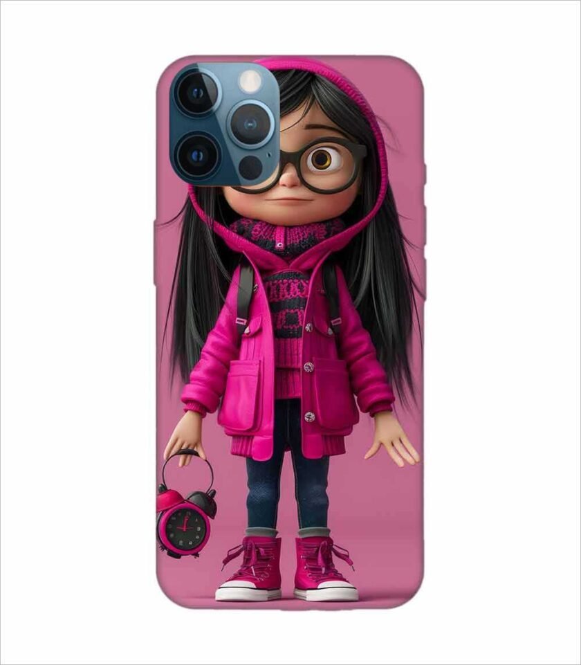 Apple Iphone 12 Pro Back Case Covers Adorable Animated Girl Character Pink Hoodie Glasses Holding Alarm Clock Pink Background