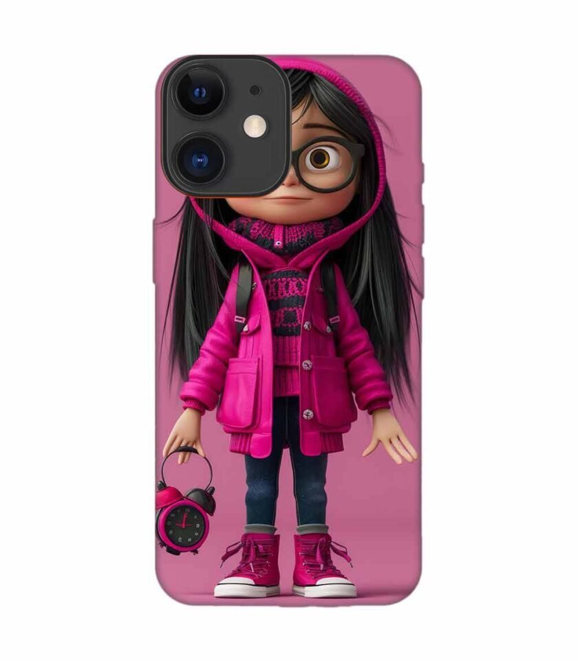 Apple Iphone 12 Back Case Covers Adorable Animated Girl Character Pink Hoodie Glasses Holding Alarm Clock Pink Background