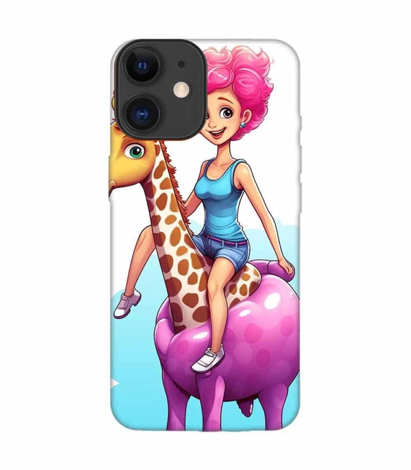 Apple Iphone 12 Back Case Covers Cartoon Girl Riding Giraffe With Pink Hair Blue Tank Top Generative Ai