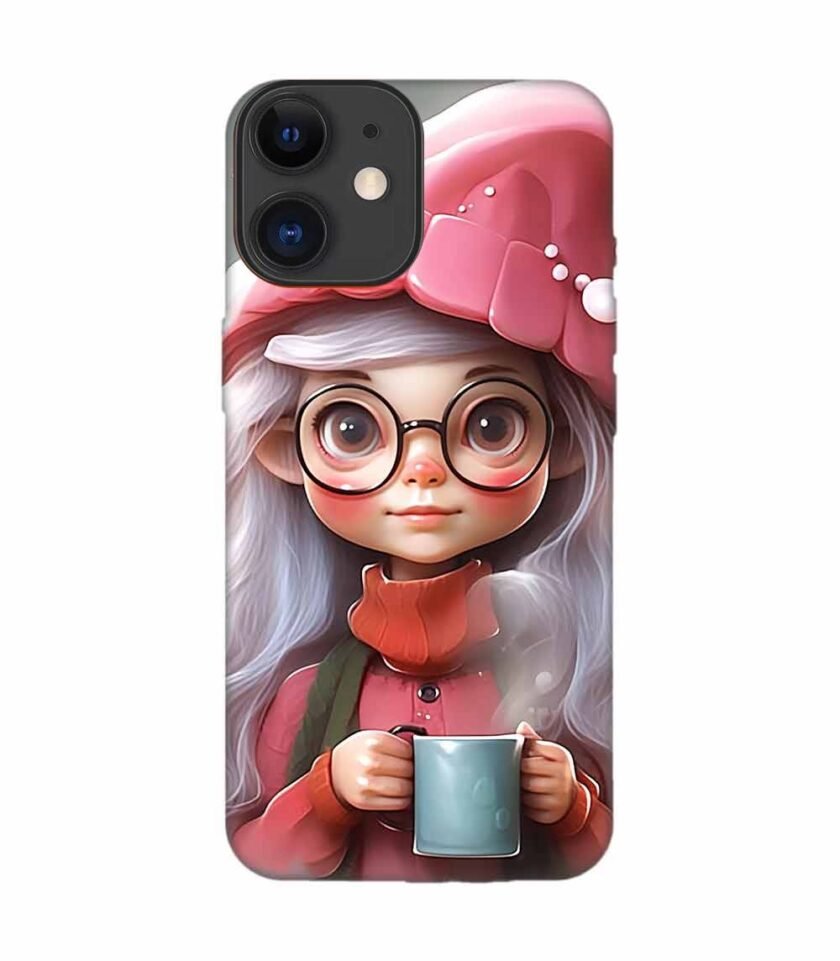 Apple Iphone 12 Back Case Covers Cartoon Girl With Glasses Pink Hat Holding Cup Generative Ai