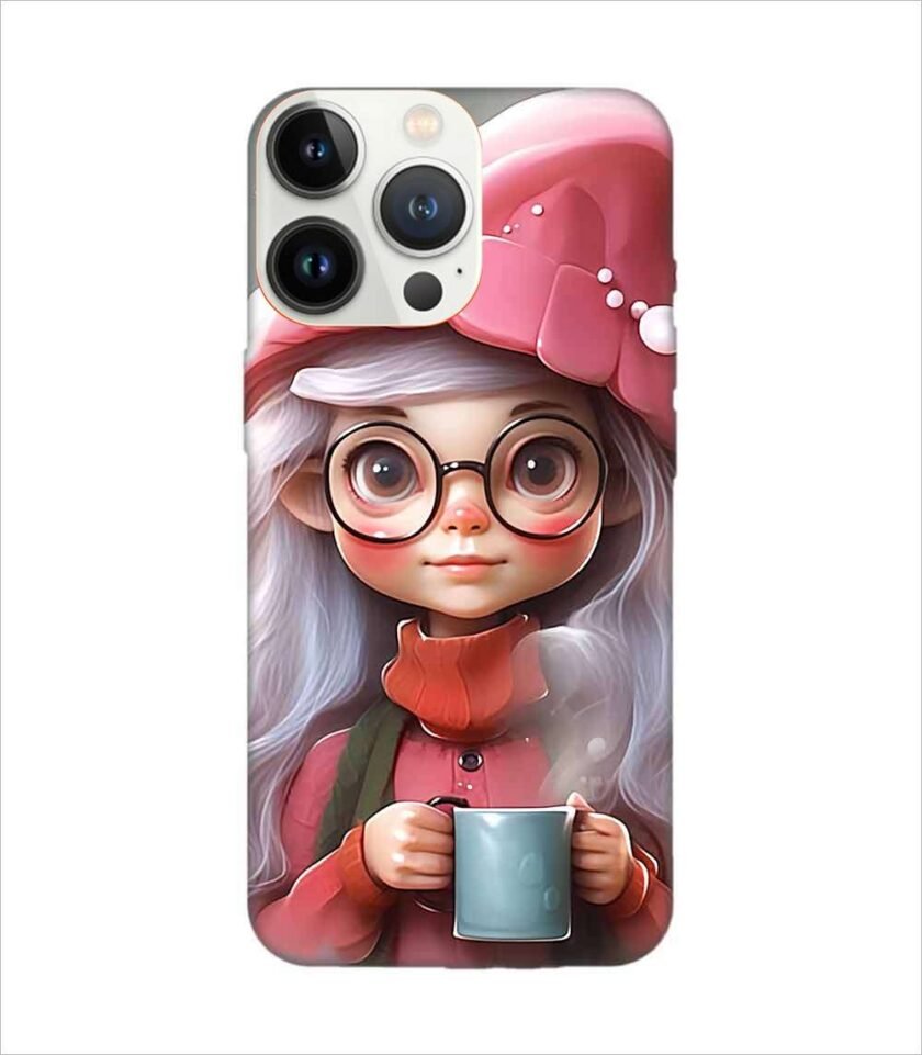 Apple Iphone 13 Pro Max Back Case Covers Cartoon Girl With Glasses Pink Hat Holding Cup Generative Ai