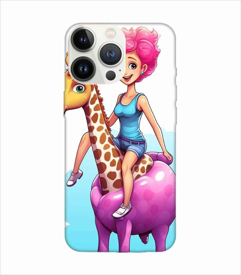 Apple Iphone 13 Pro Back Case Covers Cartoon Girl Riding Giraffe With Pink Hair Blue Tank Top Generative Ai