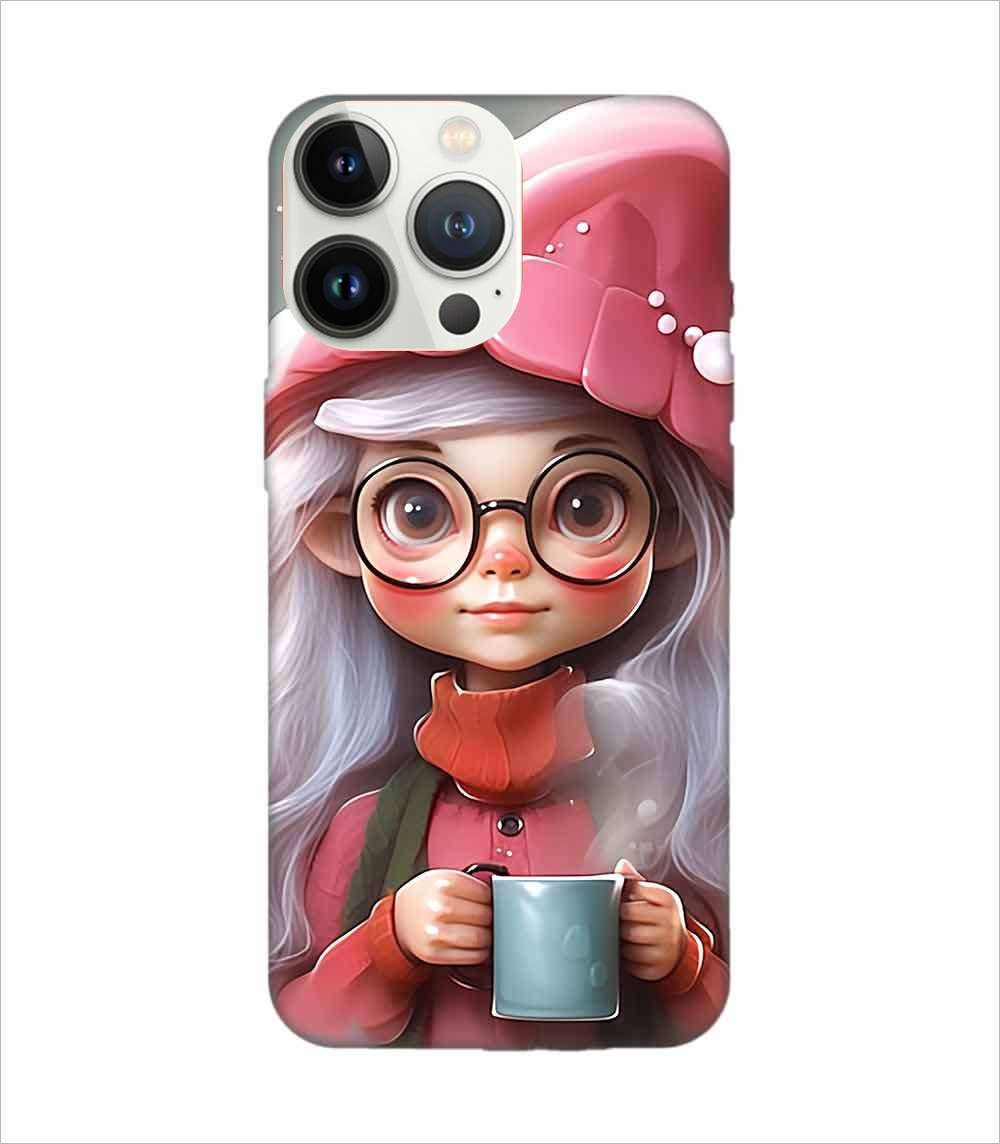 Apple Iphone 13 Pro Back Case Covers Cartoon Girl With Glasses Pink Hat Holding Cup Generative Ai