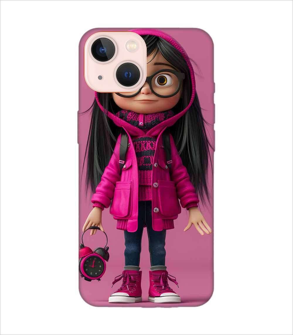 Apple Iphone 13 Back Case Covers Adorable Animated Girl Character Pink Hoodie Glasses Holding Alarm Clock Pink Background