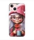 Apple Iphone 13 Back Case Covers Cartoon Girl With Glasses Pink Hat Holding Cup Generative Ai