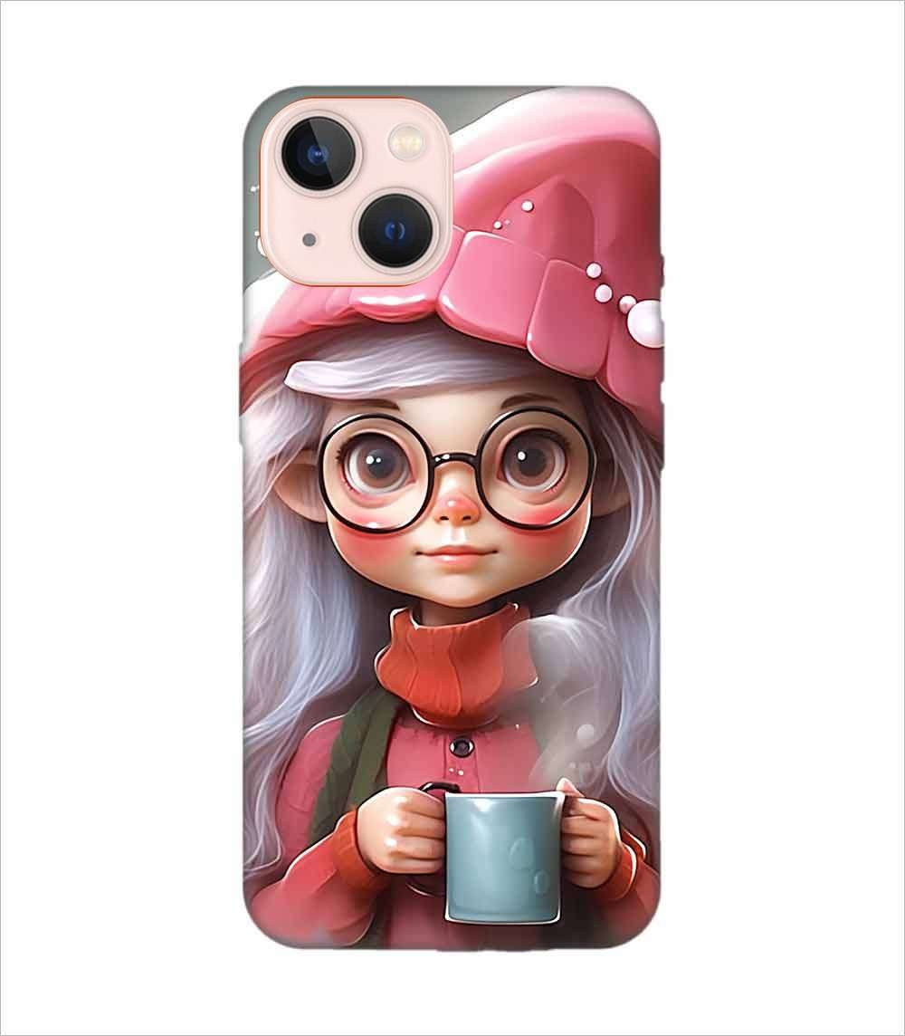 Apple Iphone 13 Back Case Covers Cartoon Girl With Glasses Pink Hat Holding Cup Generative Ai