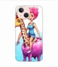Apple Iphone 14 Plus Back Case Covers Cartoon Girl Riding Giraffe With Pink Hair Blue Tank Top Generative Ai