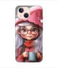 Apple Iphone 14 Plus Back Case Covers Cartoon Girl With Glasses Pink Hat Holding Cup Generative Ai