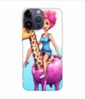 Apple Iphone 14 Pro Back Case Covers Cartoon Girl Riding Giraffe With Pink Hair Blue Tank Top Generative Ai