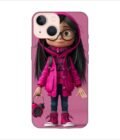 Apple Iphone 14 Back Case Covers Adorable Animated Girl Character Pink Hoodie Glasses Holding Alarm Clock Pink Background