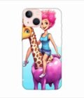 Apple Iphone 14 Back Case Covers Cartoon Girl Riding Giraffe With Pink Hair Blue Tank Top Generative Ai