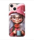 Apple Iphone 14 Back Case Covers Cartoon Girl With Glasses Pink Hat Holding Cup Generative Ai