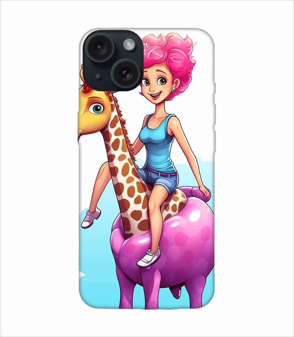 Apple Iphone 15 Pro Max Back Case Covers Cartoon Girl Riding Giraffe With Pink Hair Blue Tank Top Generative Ai