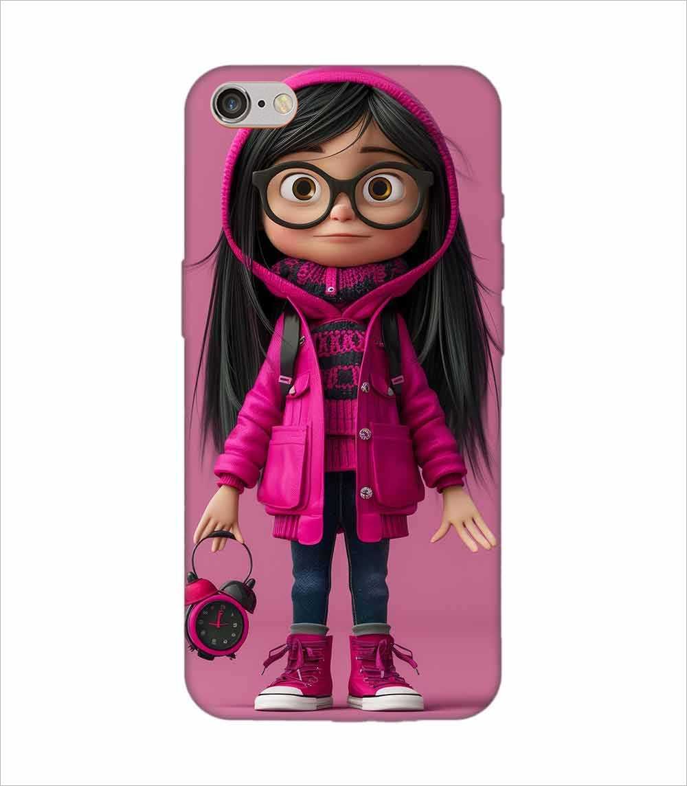 Apple Iphone 15 Pro Back Case Covers Adorable Animated Girl Character Pink Hoodie Glasses Holding Alarm Clock Pink Background