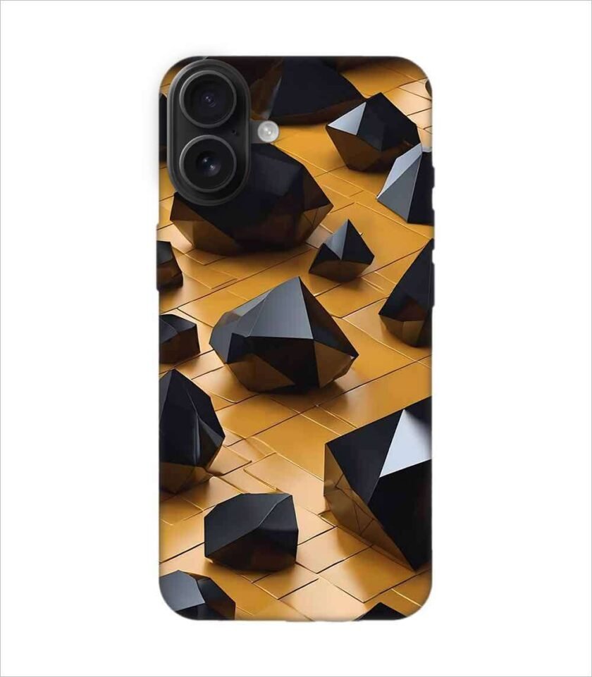 Apple Iphone 16 Plus Back Case Covers Abstract 3D Rendering Black Surface Background With Futuristic Low Poly Shape