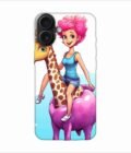Apple Iphone 16 Plus Back Case Covers Cartoon Girl Riding Giraffe With Pink Hair Blue Tank Top Generative Ai