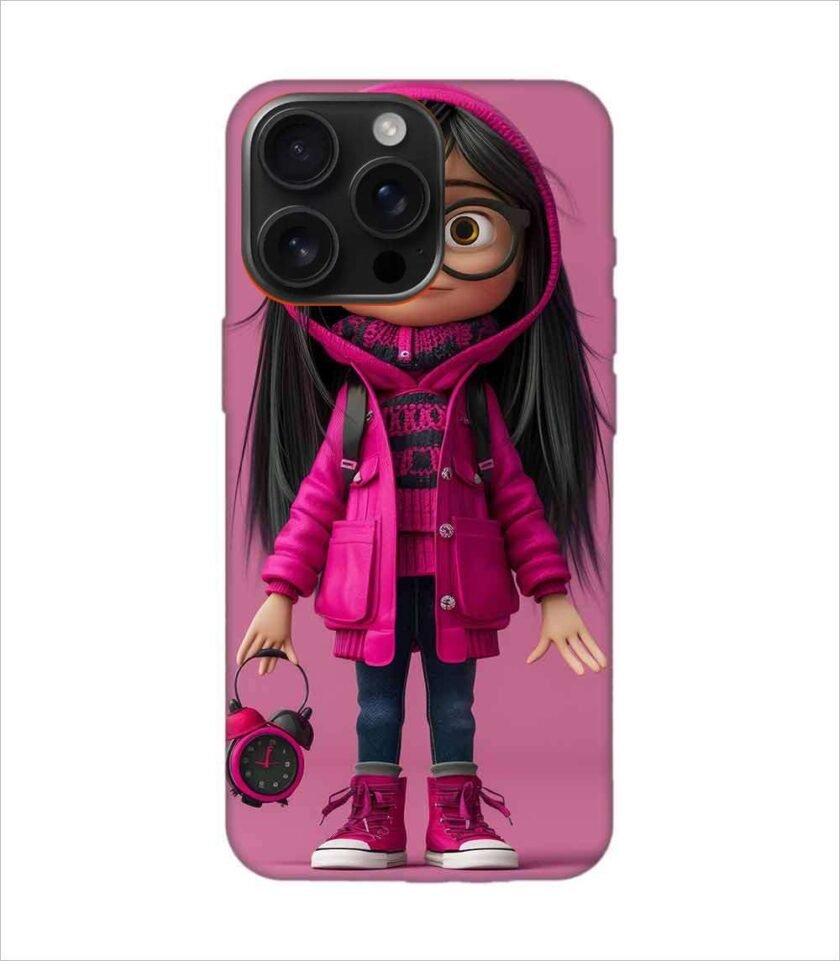 Apple Iphone 16 Pro Max Back Case Covers Adorable Animated Girl Character Pink Hoodie Glasses Holding Alarm Clock Pink Background