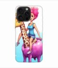 Apple Iphone 16 Pro Max Back Case Covers Cartoon Girl Riding Giraffe With Pink Hair Blue Tank Top Generative Ai