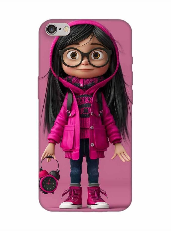 Apple Iphone 6S Logo Cut Back Case Covers Adorable Animated Girl Character Pink Hoodie Glasses Holding Alarm Clock Pink Background