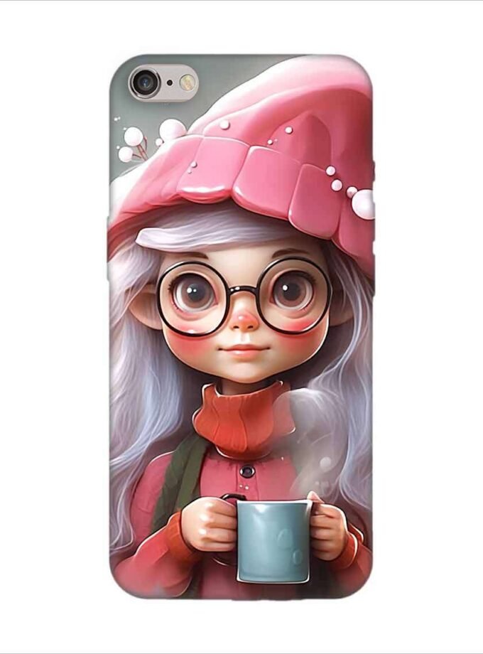 Apple Iphone 6S Logo Cut Back Case Covers Cartoon Girl With Glasses Pink Hat Holding Cup Generative Ai