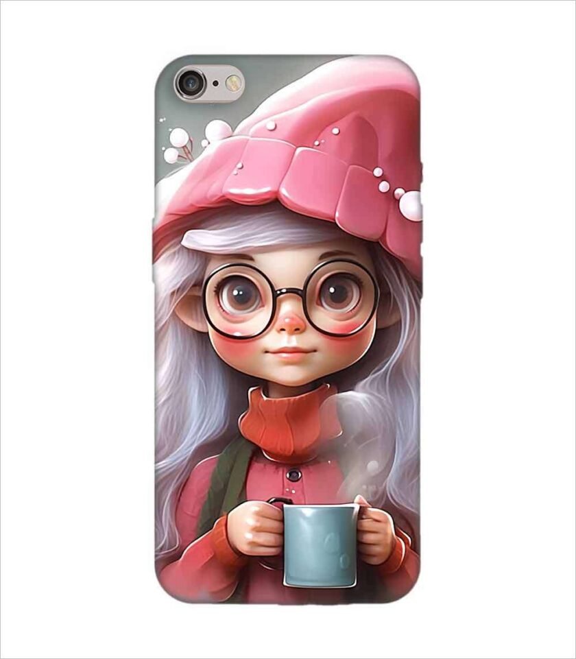 Apple Iphone 6S Logo Cut Back Case Covers Cartoon Girl With Glasses Pink Hat Holding Cup Generative Ai