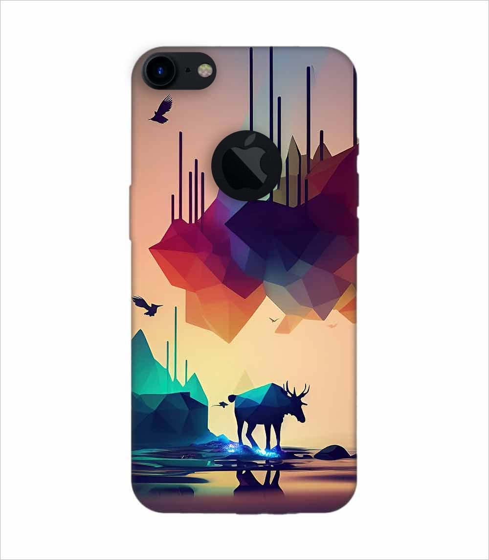 Apple Iphone 7 Logo Cut Back Case Covers Colorful Poster With Moose Mountains Background