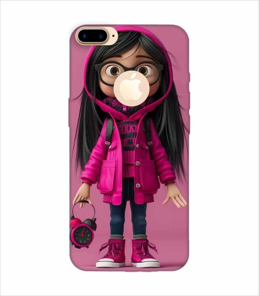Apple Iphone 7 Plus Logo Cut Back Case Covers Adorable Animated Girl Character Pink Hoodie Glasses Holding Alarm Clock Pink Background