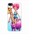 Apple Iphone 7 Back Case Covers Cartoon Girl Riding Giraffe With Pink Hair Blue Tank Top Generative Ai