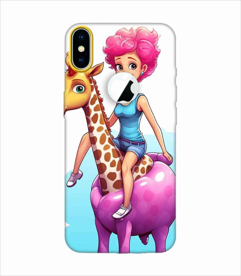 Apple Iphone X Logo Cut Back Case Covers Cartoon Girl Riding Giraffe With Pink Hair Blue Tank Top Generative Ai