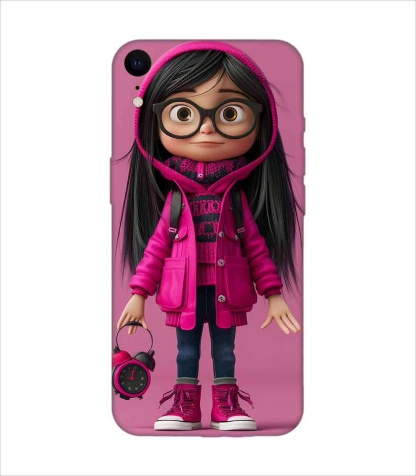 Apple Iphone Xr Back Case Covers Adorable Animated Girl Character Pink Hoodie Glasses Holding Alarm Clock Pink Background