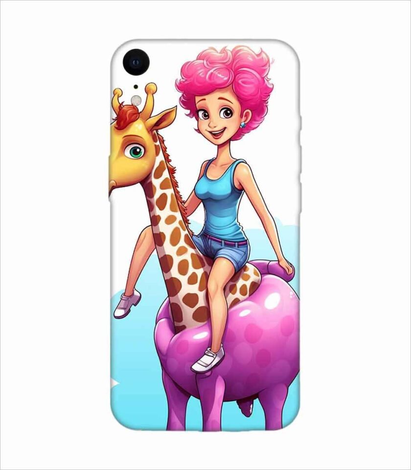 Apple Iphone Xr Back Case Covers Cartoon Girl Riding Giraffe With Pink Hair Blue Tank Top Generative Ai