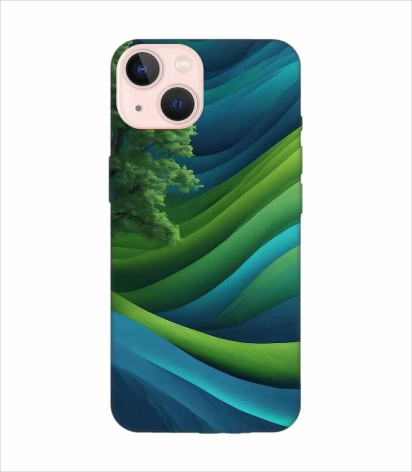 Apple Iphone 13 Mini Back Case Covers Blue Green Abstract Background With Pattern Waves Tree