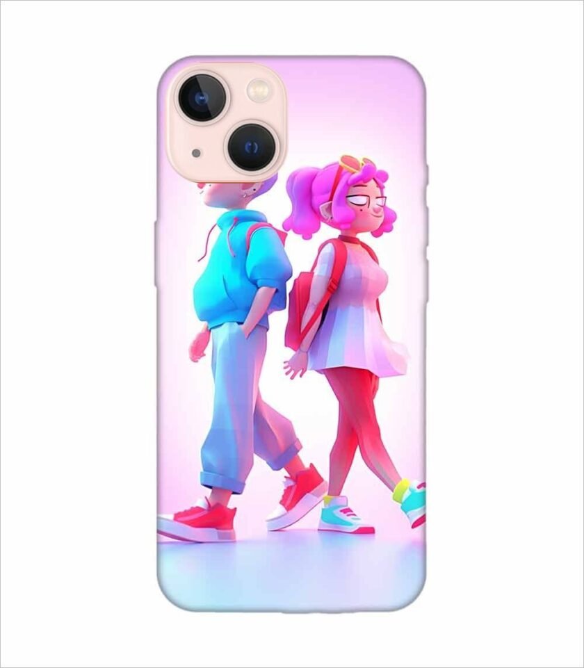 Apple Iphone 13 Mini Back Case Covers Cartoon Characters Walking Pink Background With Blue Background Generative Ai