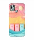 Infinix Hot 10 Play dreamy paper cut out landscape with three colorful mailboxes whimsical sky pastel hues Custom Printed Back Cover Design