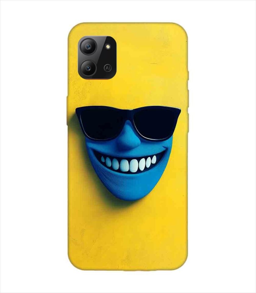 Infinix Hot 11 (2022) blue figure with sunglasses yellow wall with blue face Custom Printed Back Cover Design
