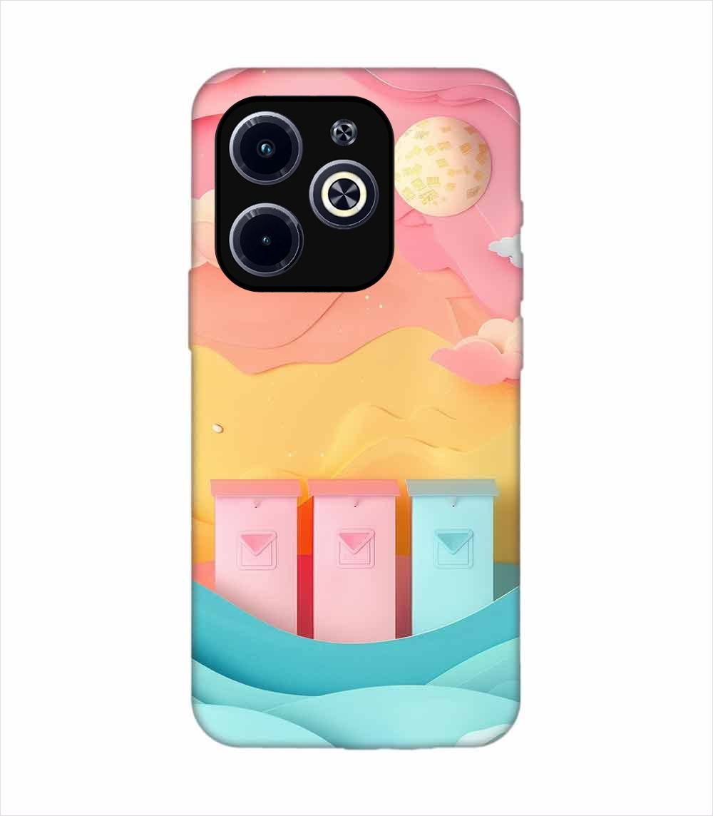 Infinix Hot 40I dreamy paper cut out landscape with three colorful mailboxes whimsical sky pastel hues Custom Printed Back Cover Design