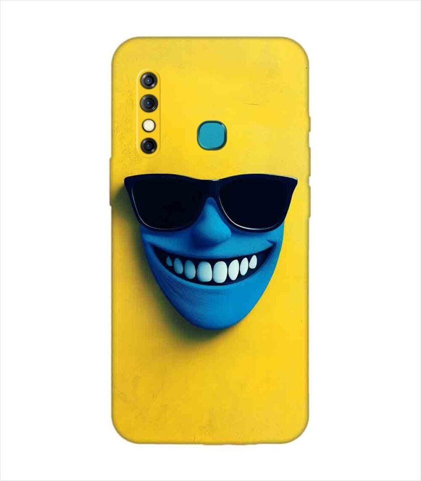 Infinix Hot 8 blue figure with sunglasses yellow wall with blue face Custom Printed Back Cover Design