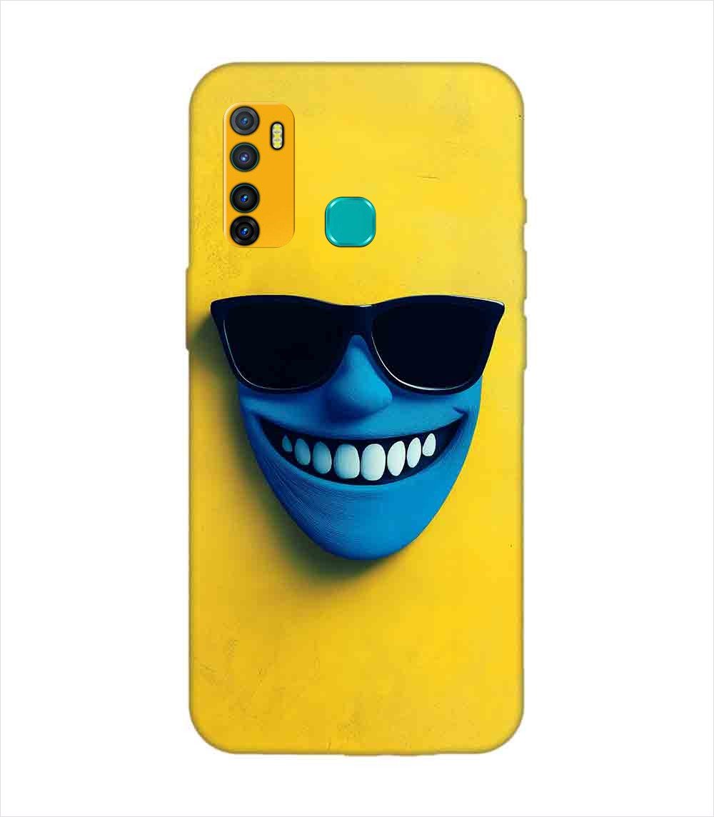 Infinix Hot 9 Pro blue figure with sunglasses yellow wall with blue face Custom Printed Back Cover Design