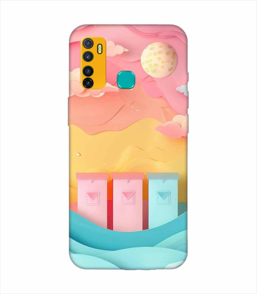 Infinix Hot 9 Pro dreamy paper cut out landscape with three colorful mailboxes whimsical sky pastel hues Custom Printed Back Cover Design
